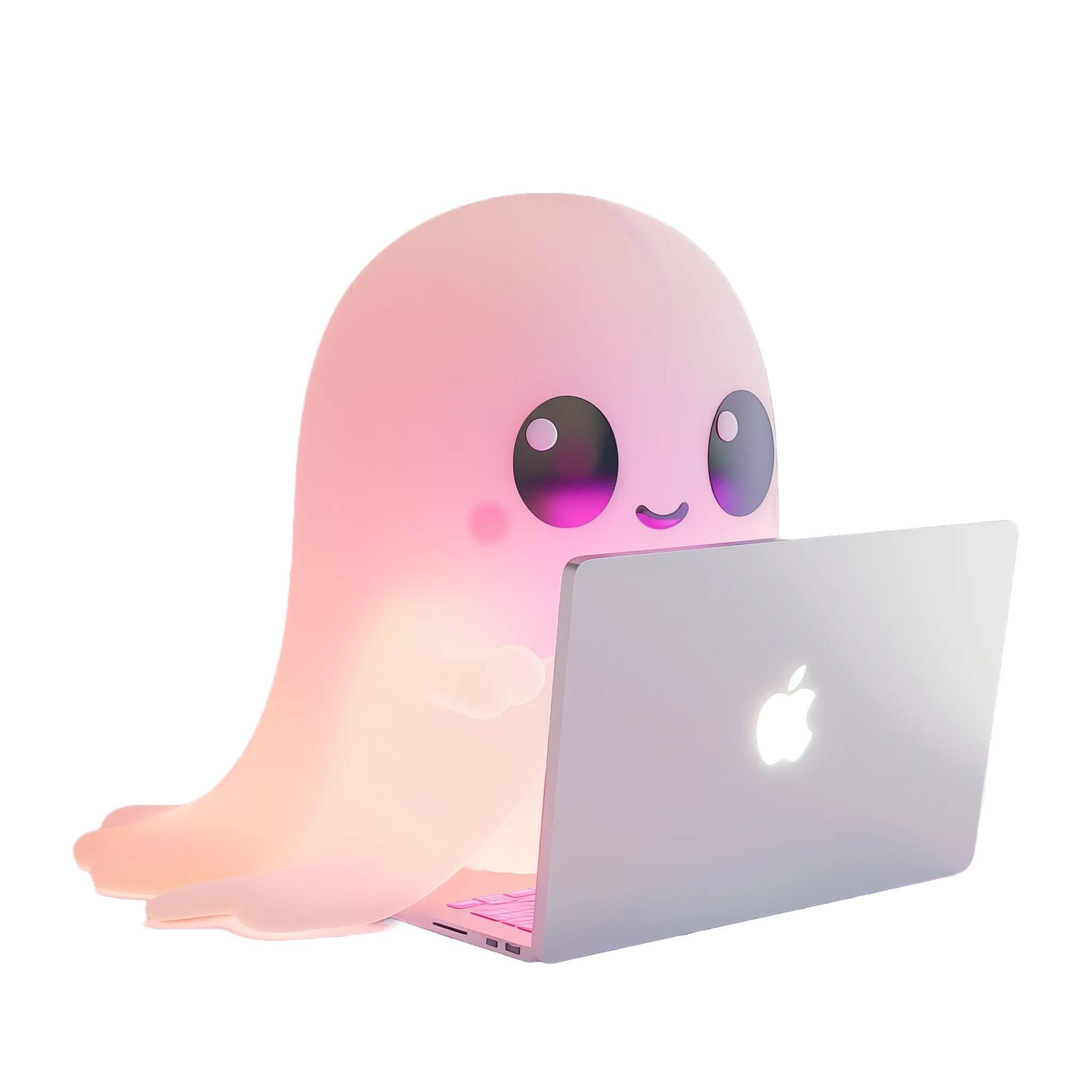 pink ghost mascot using a laptop