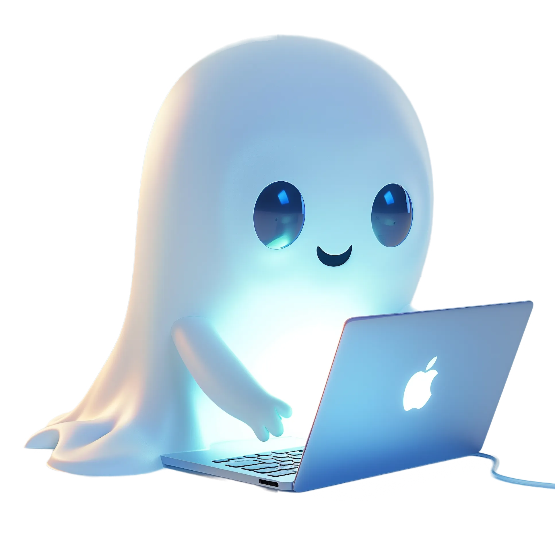blue ghost mascot using a laptop.