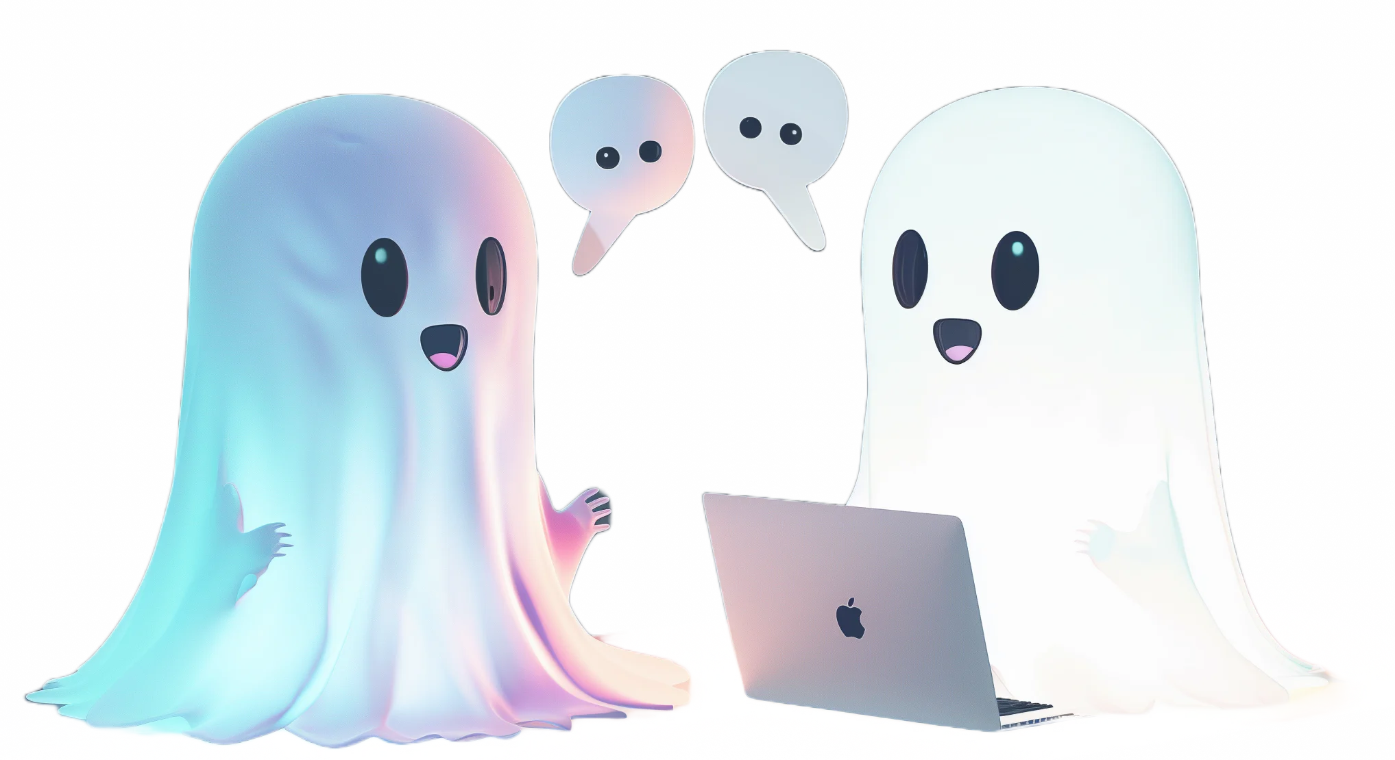Two ghost mascots using a laptop.