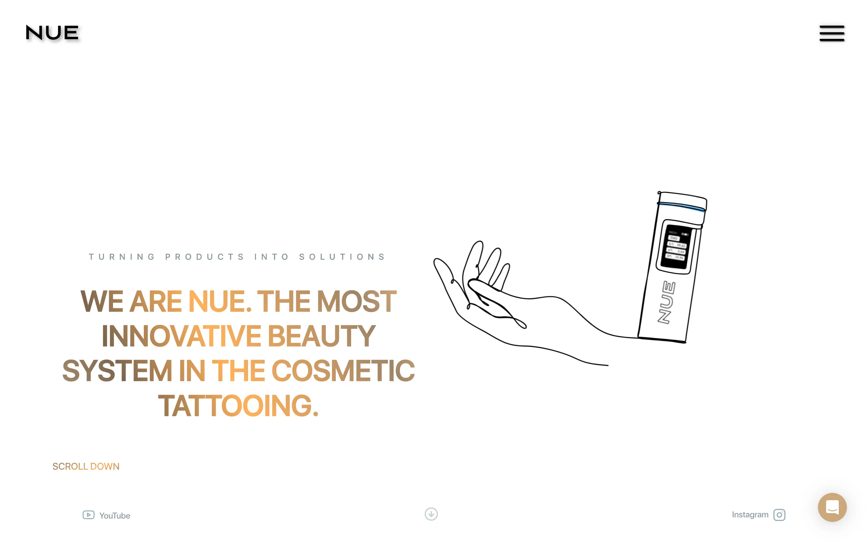 webpage with the text 'We are NUE. The most innovative beauty system in the cosmetic tattooing.'