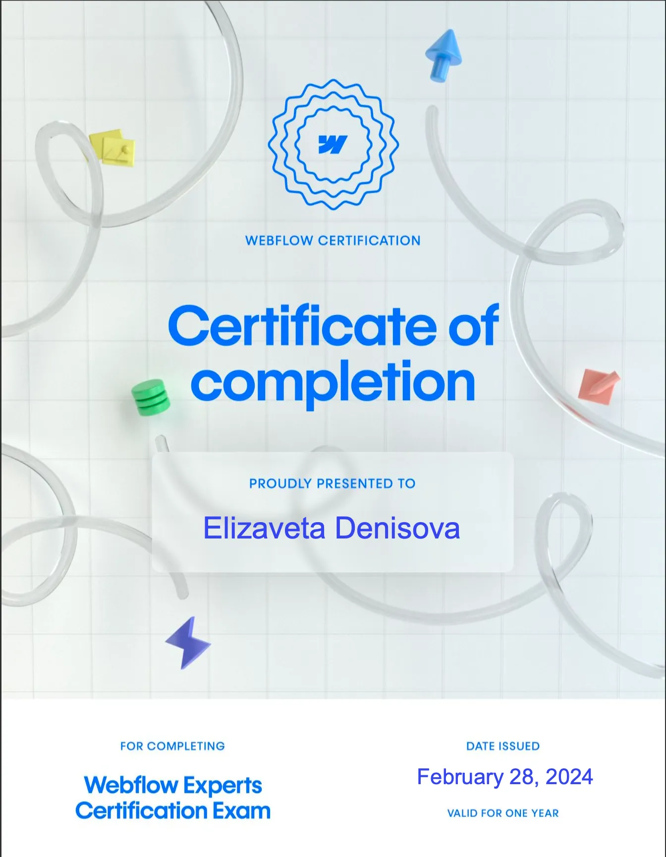 certificate of completion for Elizaveta Denisova from Webflow Experts Certification Exam, dated February 28, 2024